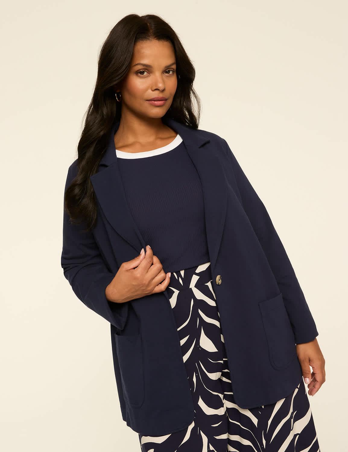one button jersey knit blazer