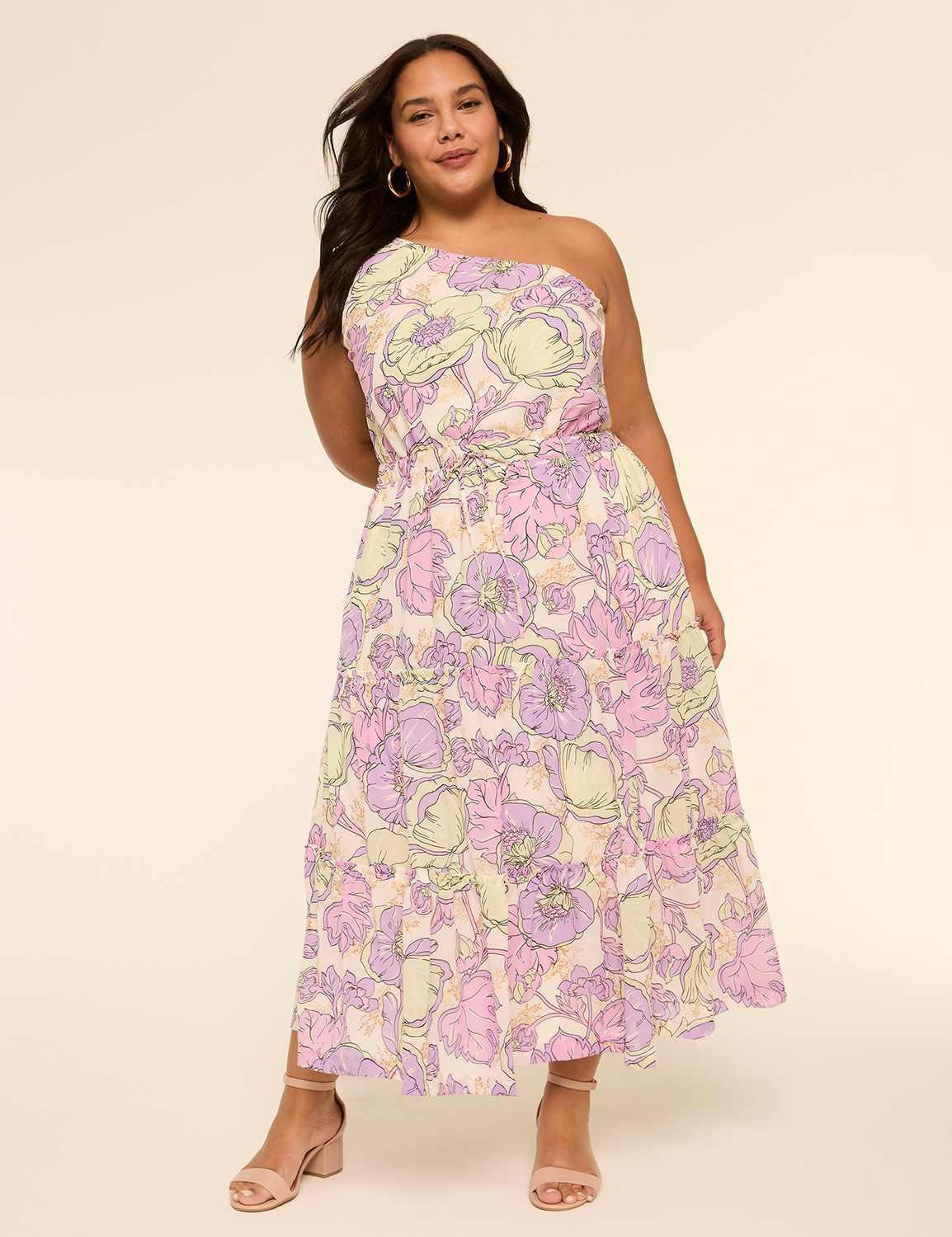 one-shoulder tie-waist tiered maxi dress