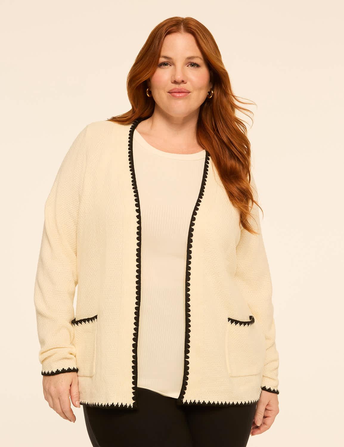 open-front contrast-stitch cardigan