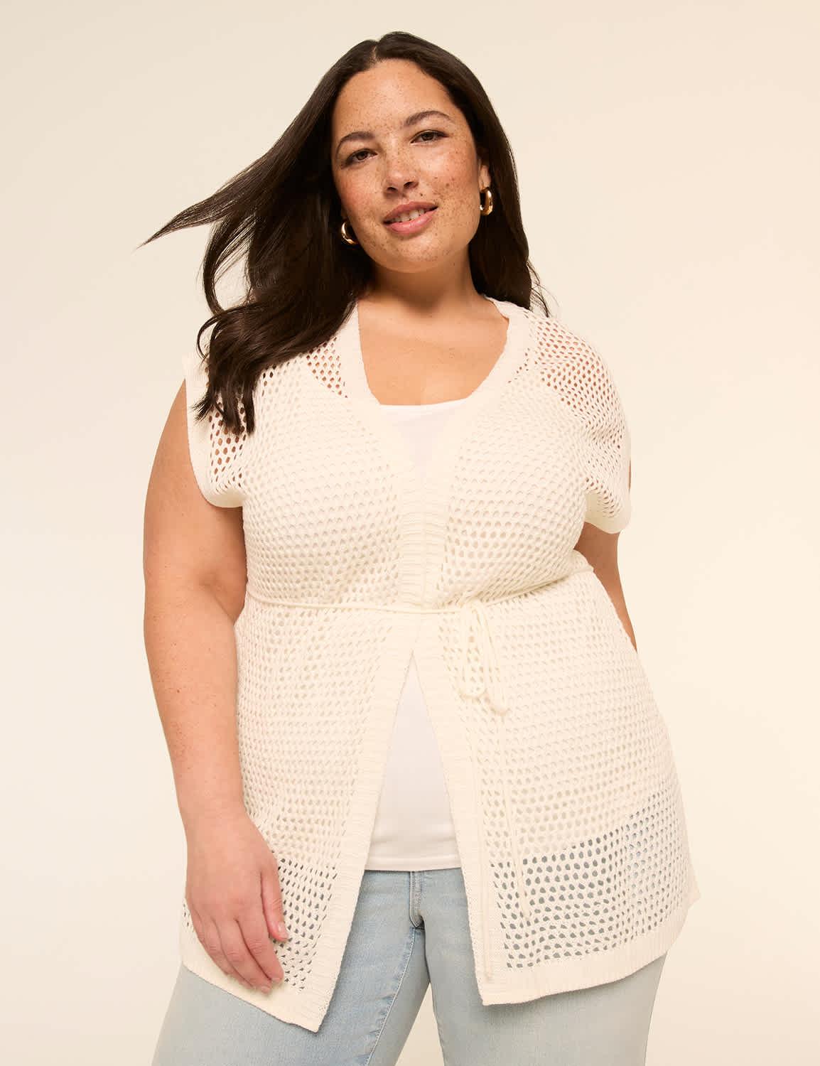 open-stitch belted cardigan