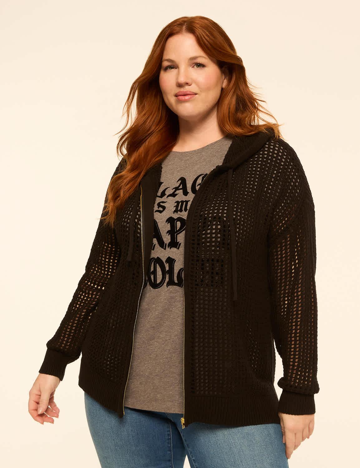 open-stitch full-zip hoodie sweater