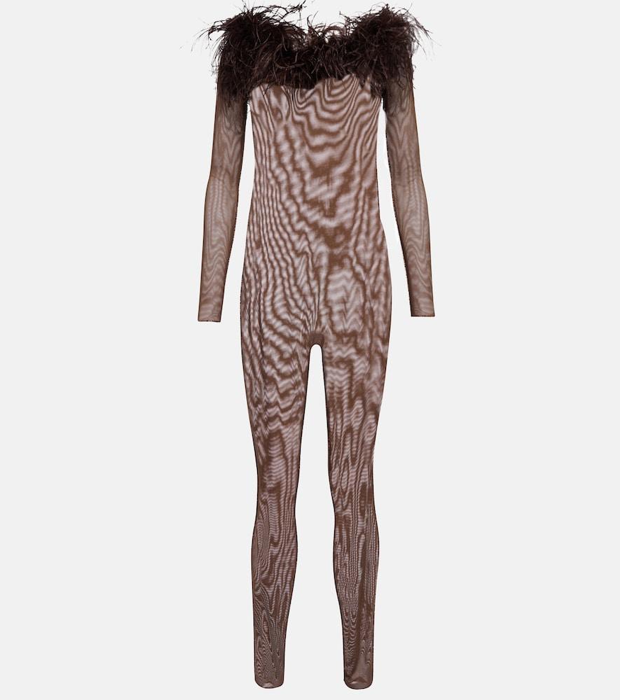 oséree feather-trimmed mesh jumpsuit