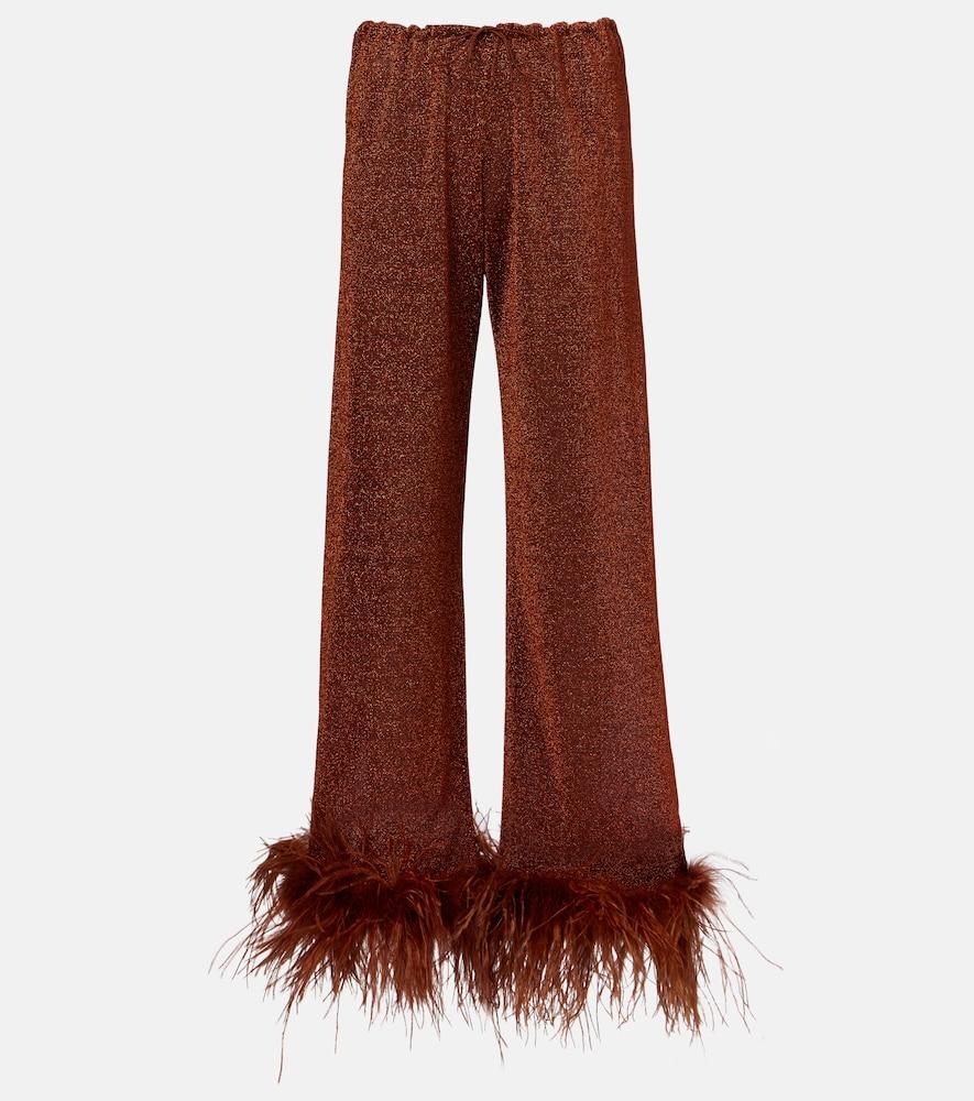 oséree lumière plumage feather-trimmed straight pants