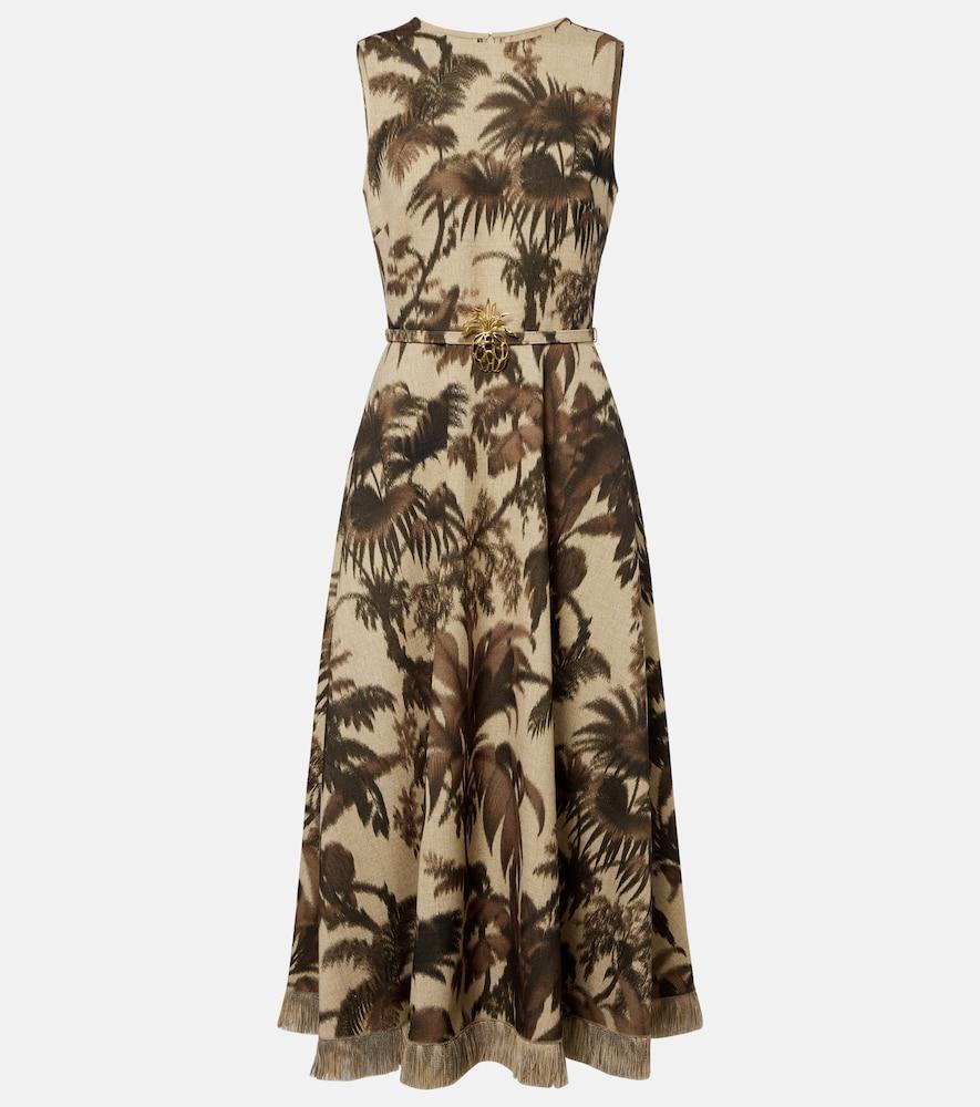 oscar de la renta belted fringed printed midi dress