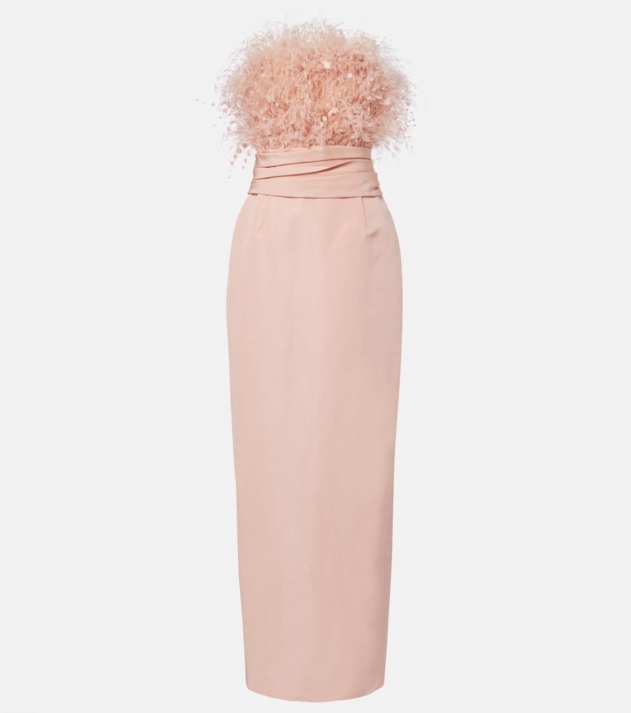 oscar de la renta feather-trimmed silk faille bustier gown