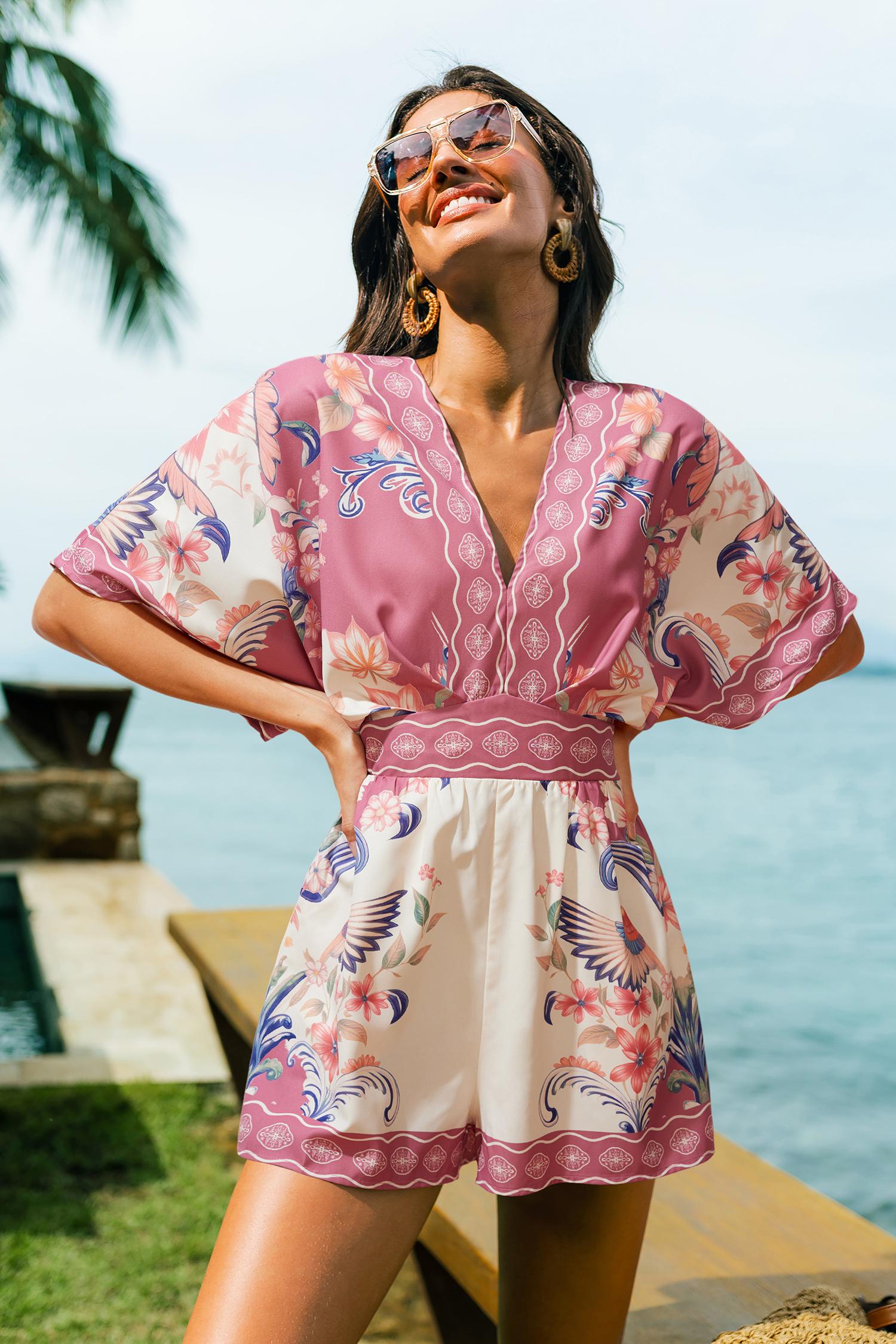over the rainbow tropical romper - l