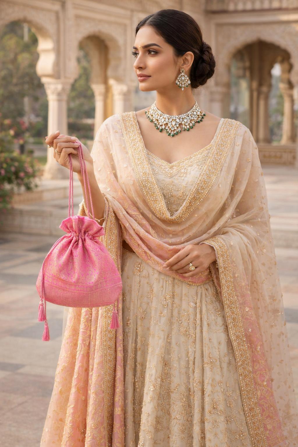 pastel pink silk potli bag