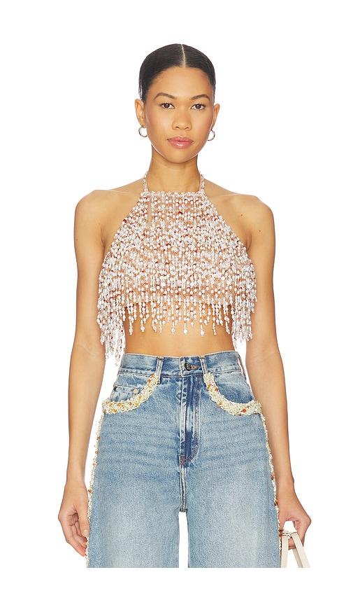 patbo pearl dust embroidery halterneck top in white. - size m (also in xs)