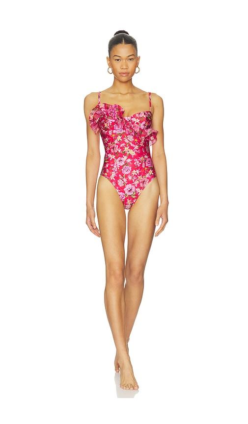 patbo peony print lycra ruffle bodysuit in red. - size l (also in m, s, xs)