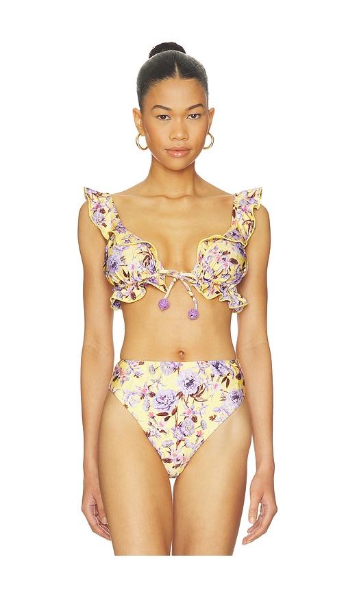 patbo peony print ruffle bikini top in yellow. - size l (also in xs, s)