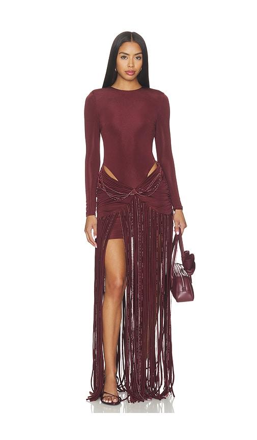 patbo taffeta tarsila fringe maxi dress in brown. - size 0 (also in 2, 4, 8)