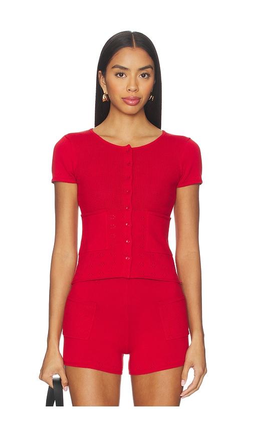 peachy den marie knit polo top in red. - size l (also in xs, s, m)