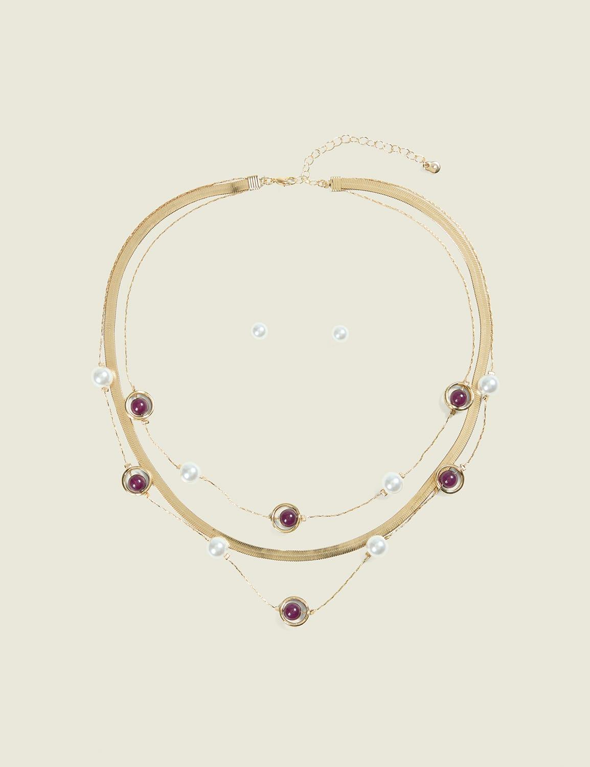 pearlized & burgundy beaded multi-row necklace & earring set