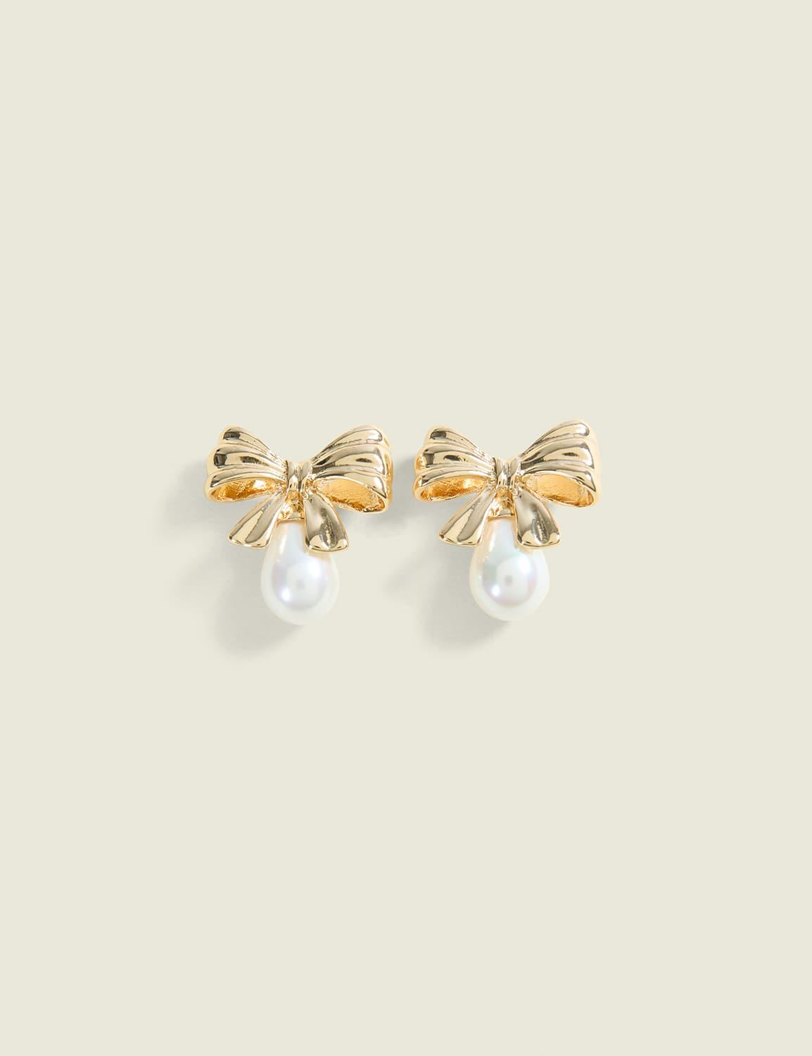 pearlized bow drop earrings