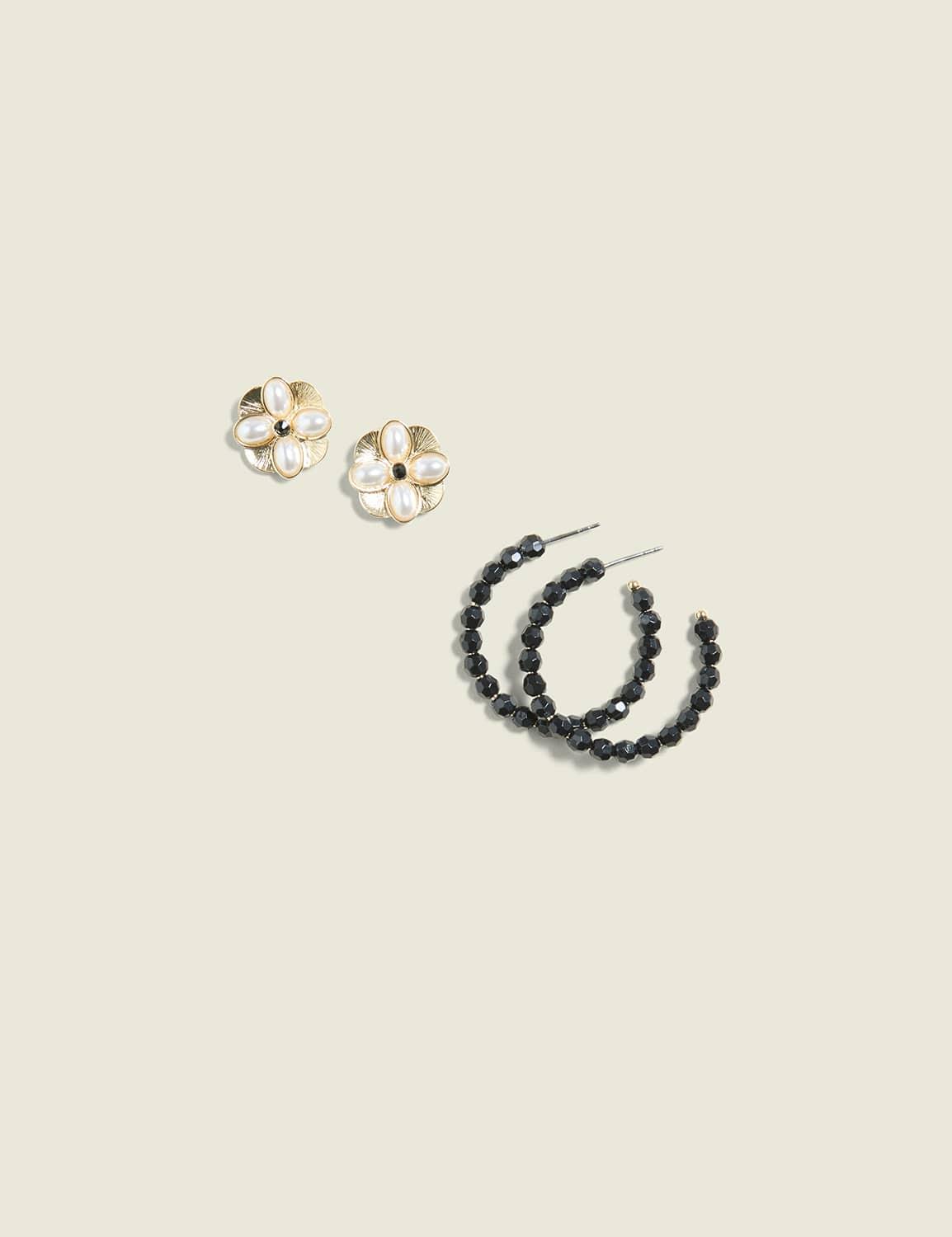 pearlized floral stud & black hoop earring 2-pack