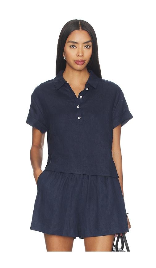 perfectwhitetee linen 1/4 button down collared tee in navy. - size s (also in xs)