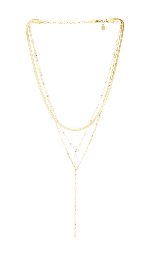petit moments layered stone lariat necklace in metallic gold.