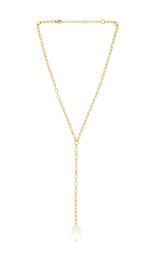 petit moments pearl drop lariat necklace in metallic gold.