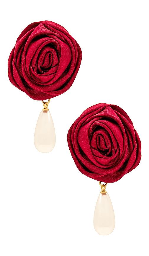 petit moments rosette pearl drop earrings in red.