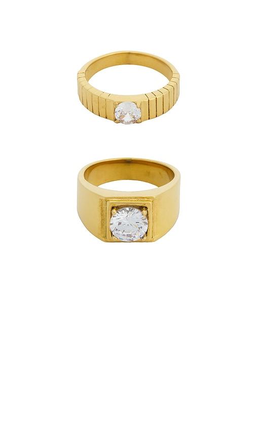 petit moments round stone statement ring set of 2 in metallic gold. - size 6 (also in 7)