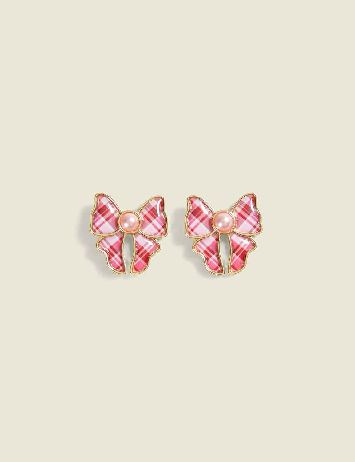 pink plaid bow earrings
