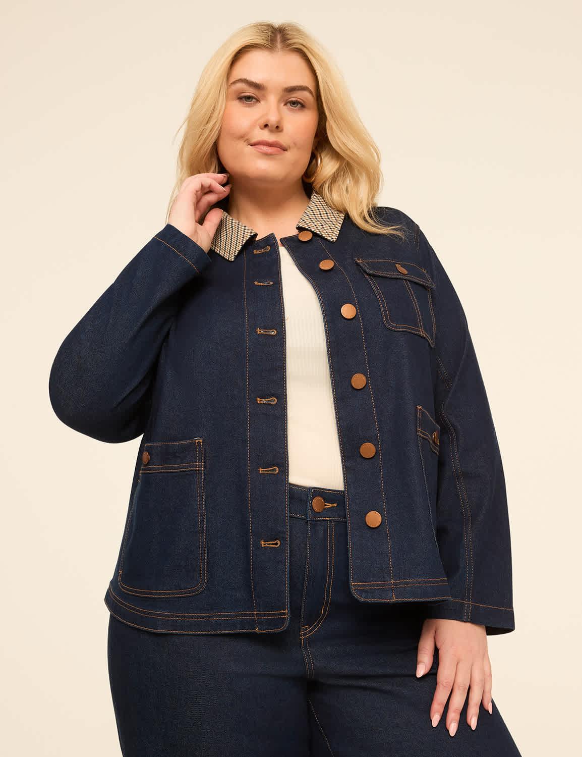 plaid-collar denim jacket