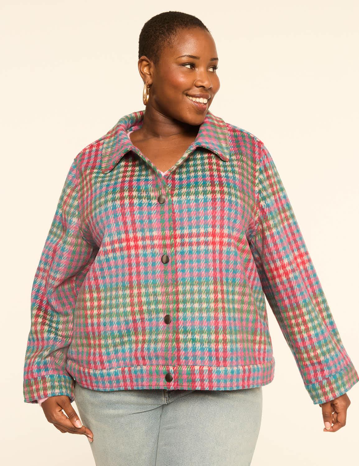 plaid snap-front collared jacket