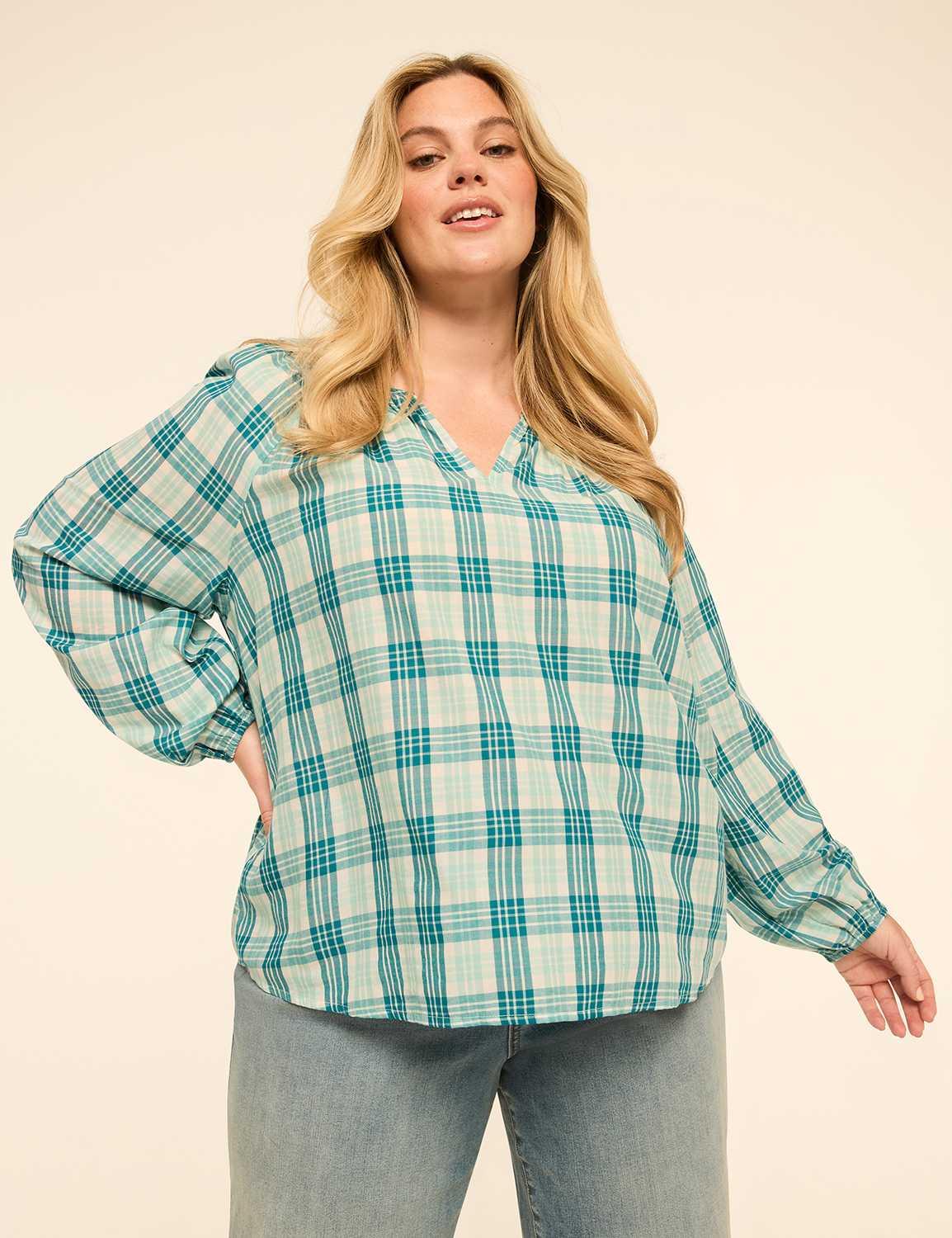 plaid split-neck popover blouse