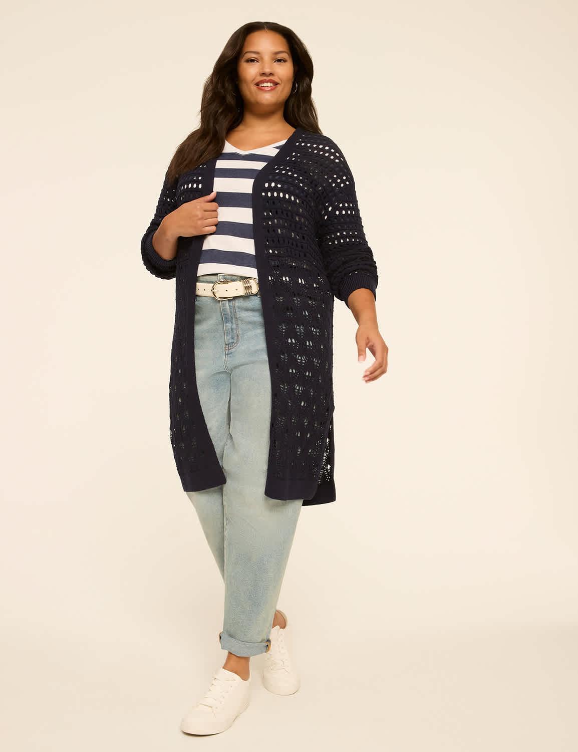 pointelle-stitch open-front cardigan