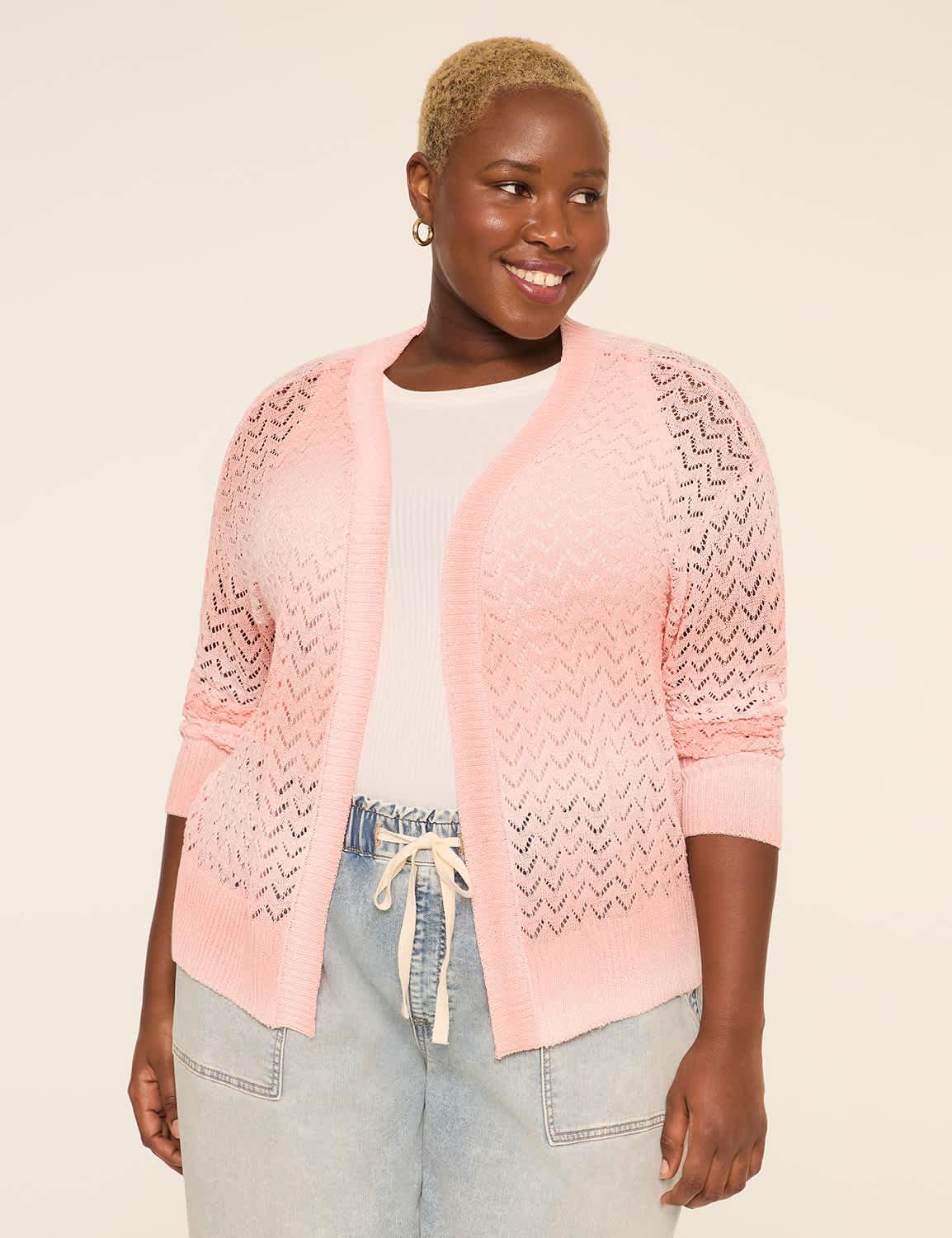 pointelle-stitched open-front cardigan