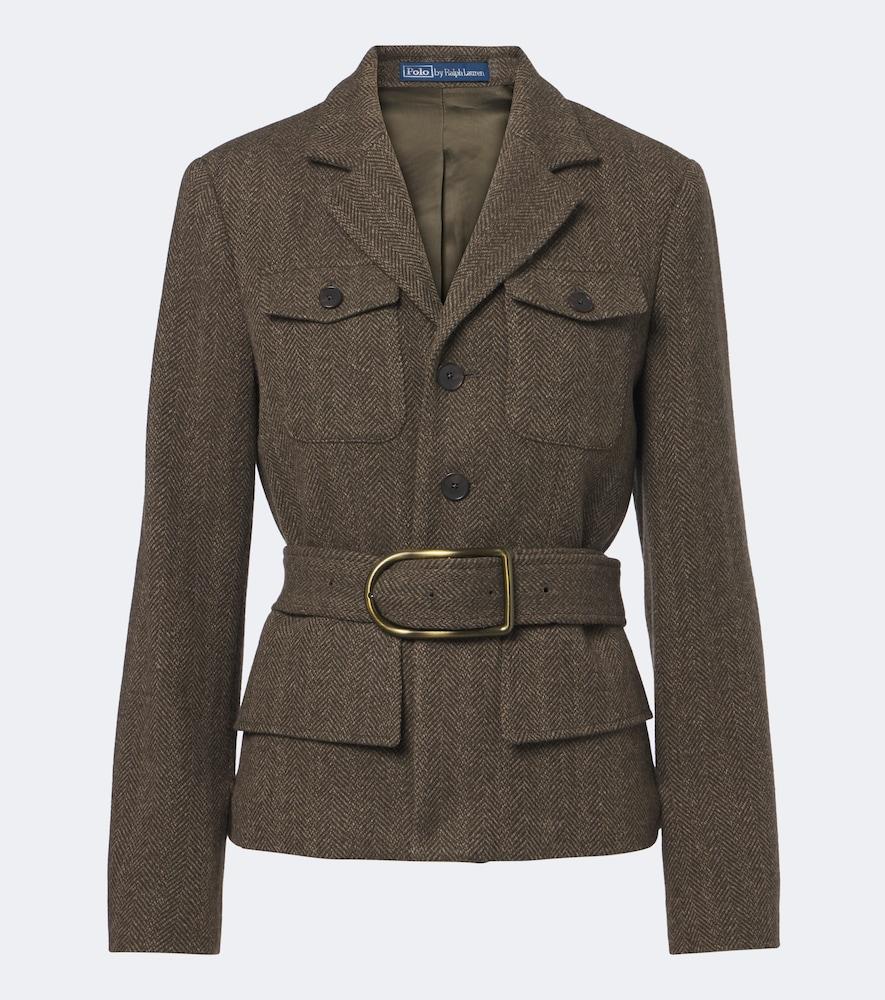 polo ralph lauren belted herringbone wool-blend tweed jacket