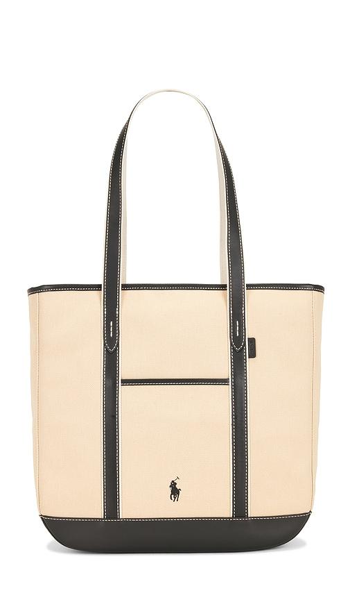 polo ralph lauren canvas leather tote medium bag in tan.