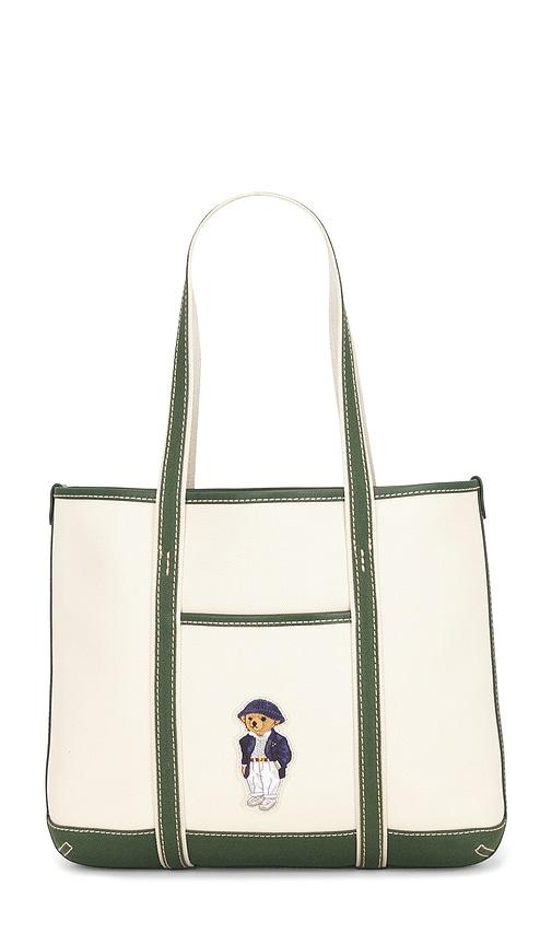 polo ralph lauren canvas leather tote small bag in cream.