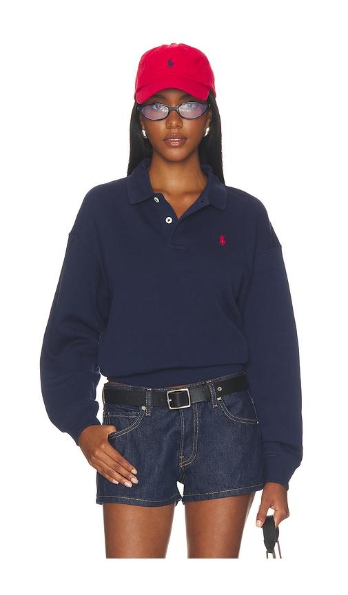 polo ralph lauren fleece polo long sleeve sweater in navy. - size l (also in xs, s, m, xl)