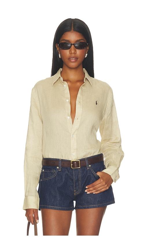 polo ralph lauren linen button front shirt in tan. - size l (also in m, xl)