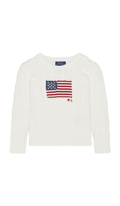 polo ralph lauren long sleeve cotton cable knit flag crewneck sweater in white. - size 2 (also in 3, 4, 6)