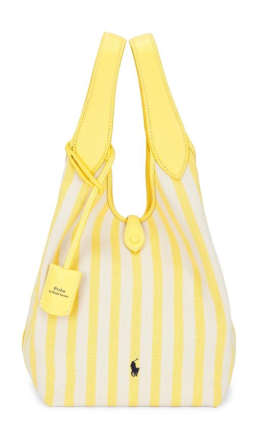polo ralph lauren stripe polo canvas medium tote in yellow,white.