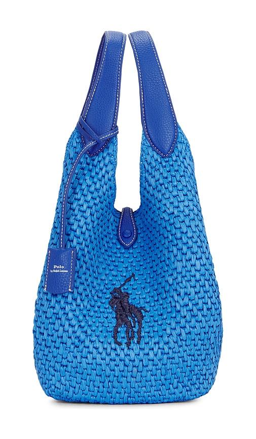 polo ralph lauren viscose raffia medium tote in blue.