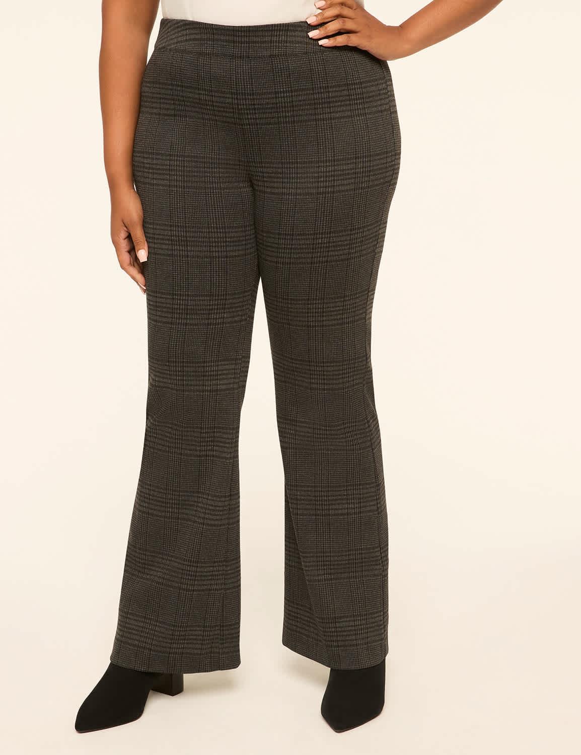 ponte pull-on high-rise plaid flare pant