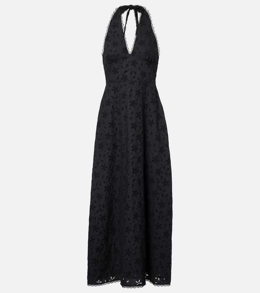 posse salma embroidered halterneck cotton midi dress