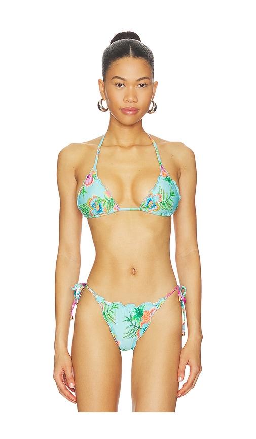 pq embroidered lettuce edge triangle bikini top in teal. - size m (also in s)