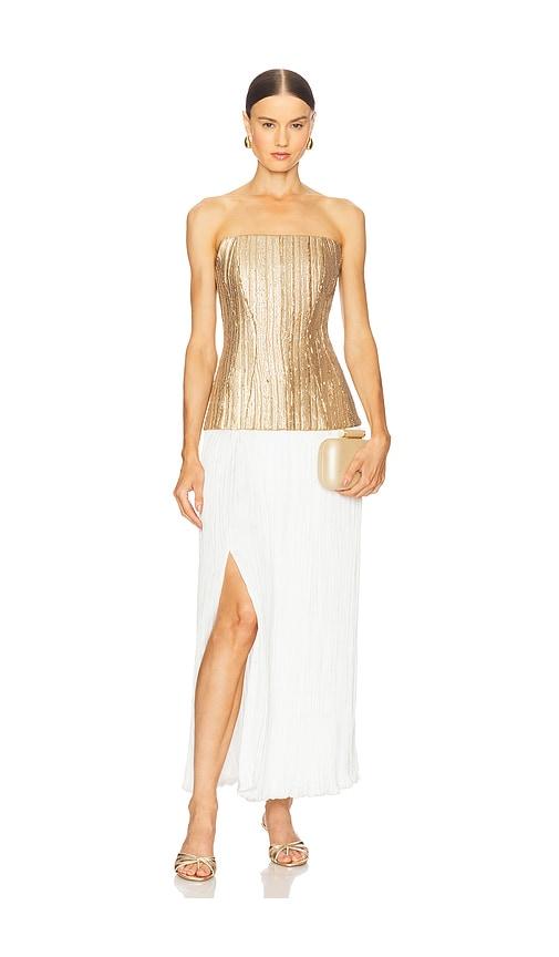 prabal gurung strapless straight neck sequin dress w/ plisse skirt in metallic gold,white. - size 2 (also in 6)