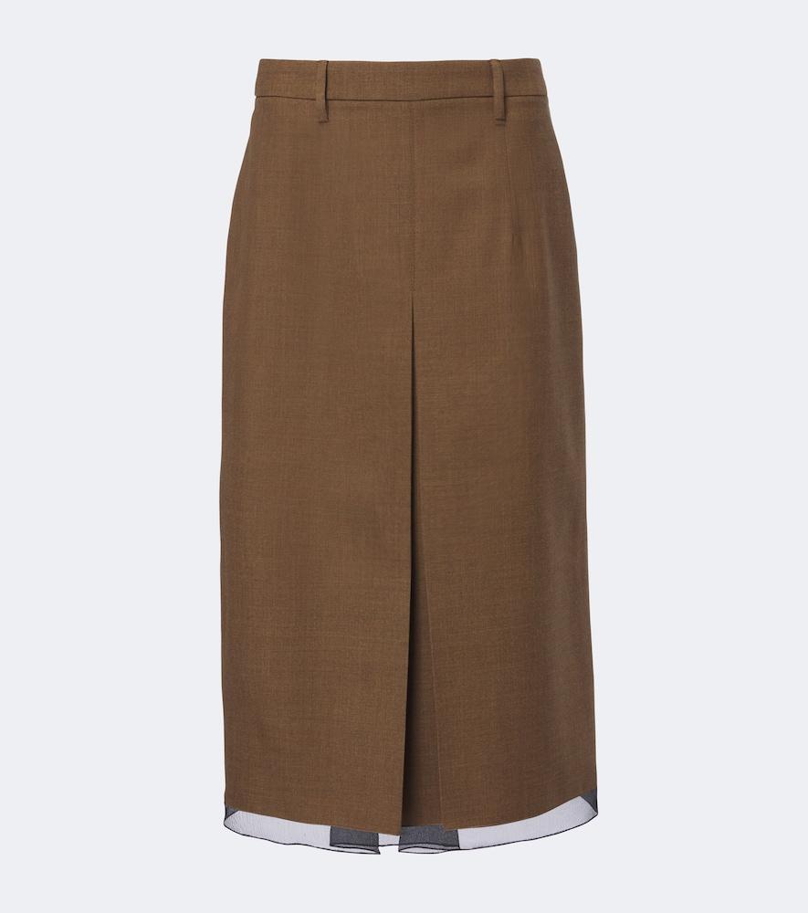 prada chiffon-trimmed virgin wool midi skirt