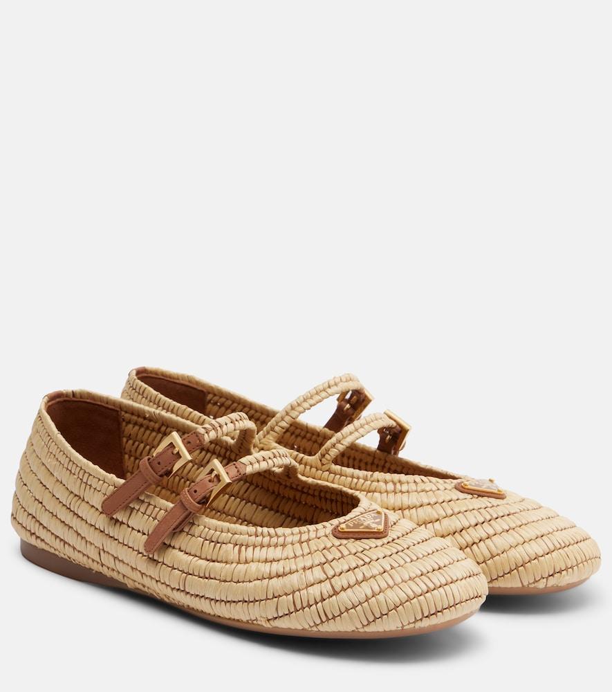prada crochet raffia-effect mary jane flats