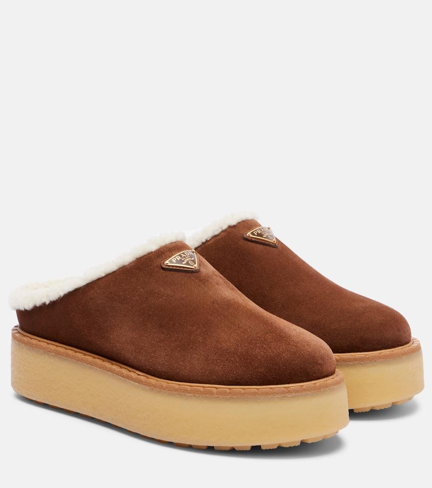 prada evolve shearling-trimmed suede platform mules
