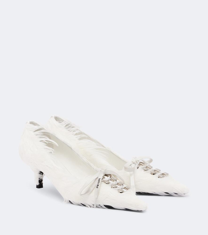 prada feather-trimmed satin pumps