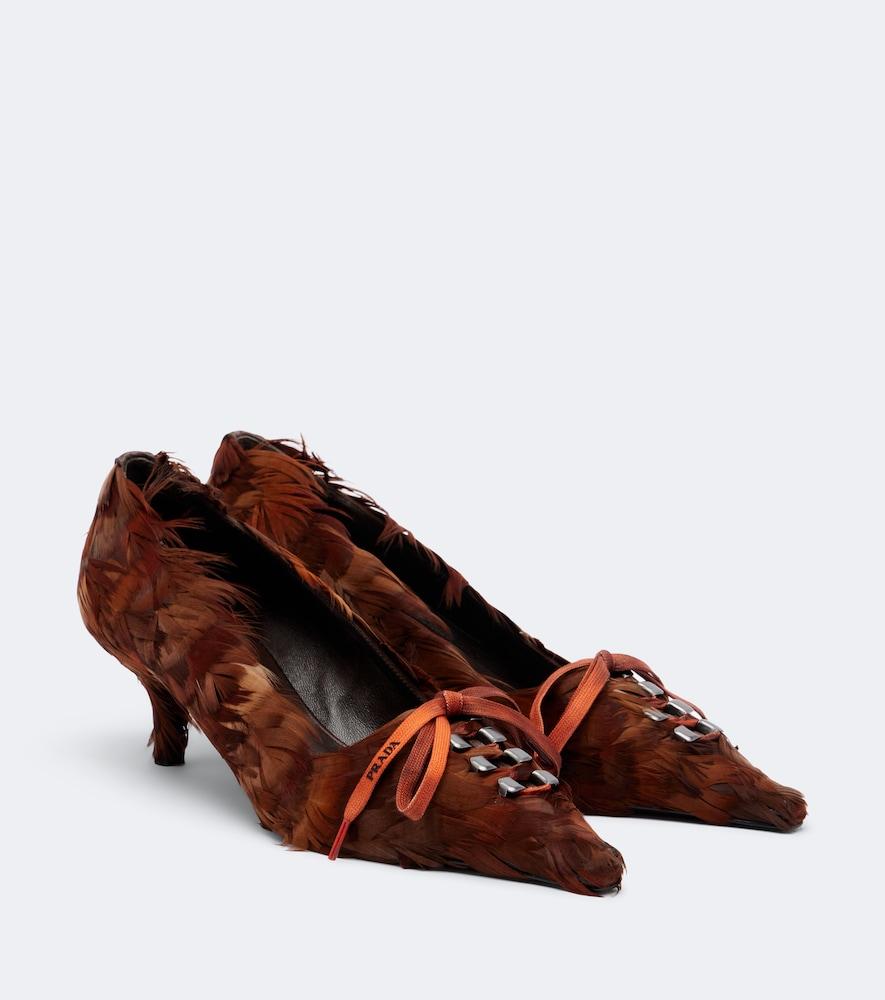 prada feather-trimmed satin pumps