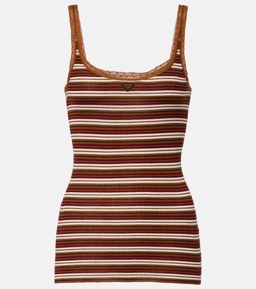 prada lace-trimmed striped cotton tank top