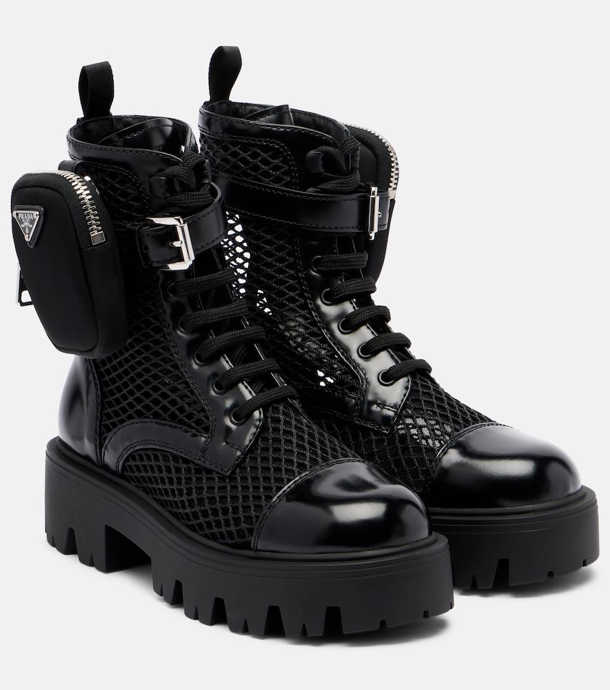 prada leather-trimmed mesh combat boots