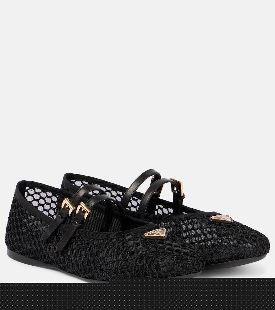 prada logo leather-trimmed mesh ballet flats